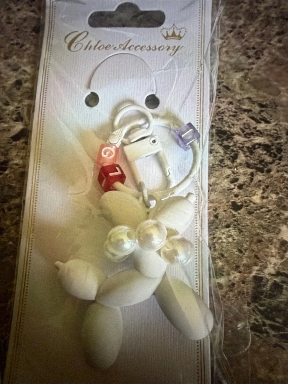 White Balloon Dog Keychain / bag charm with pearl Accents